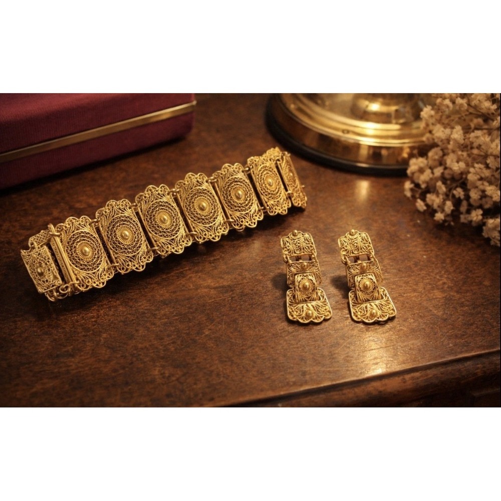 Victorian Filigree 14k Gold Bracelet And Screw Back Earrings RARE one of a kind